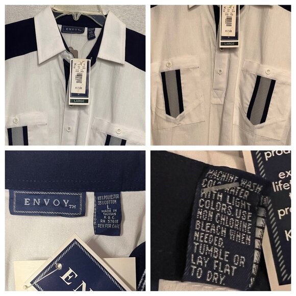 Vintage-Style Envoy Men White & Navy Polo Shirt W/ Front Pockets Large Deadstock - Picture 8 of 14